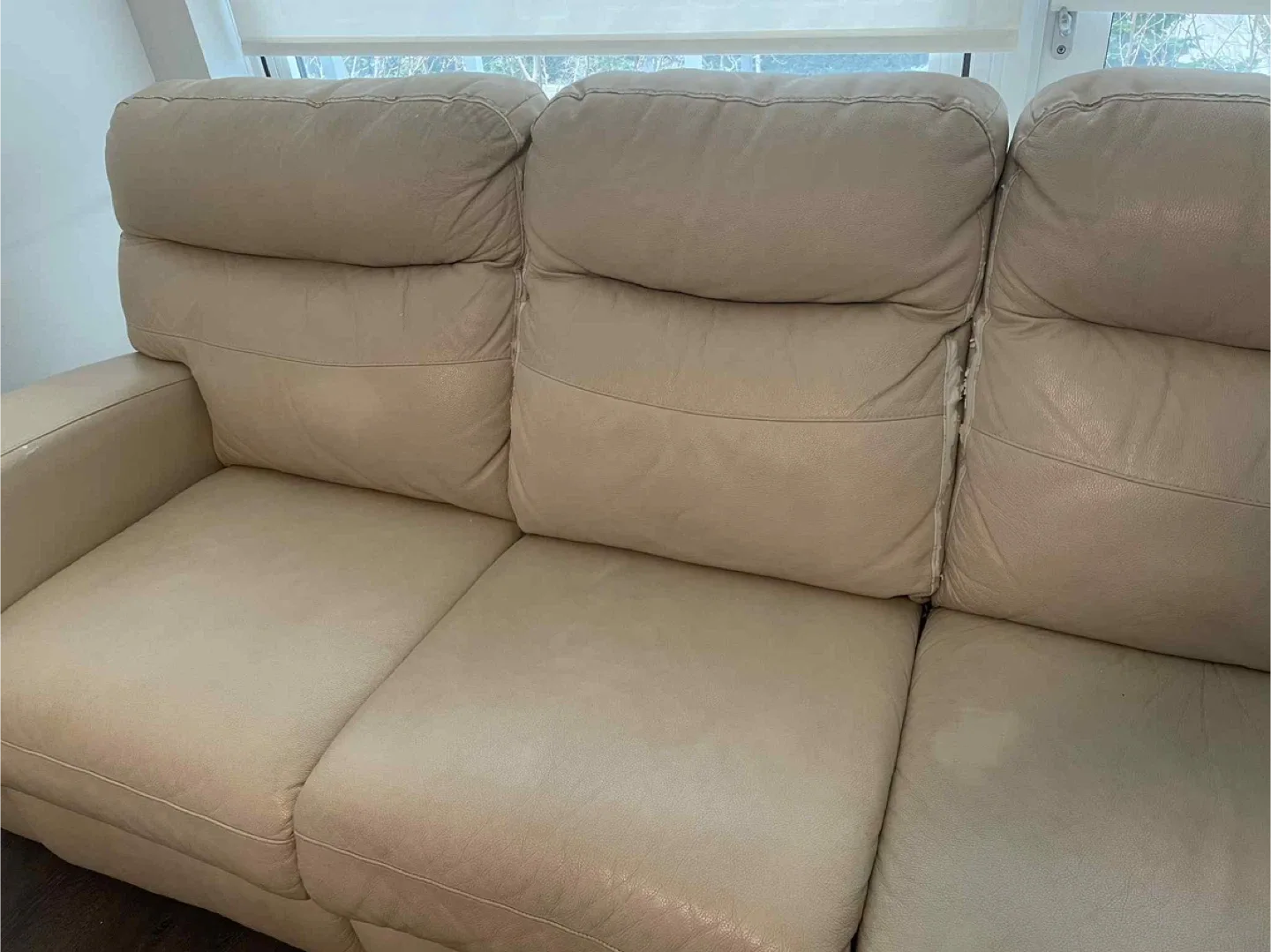 Beige Leather Reclining Loveseat with Console image indicator(6)