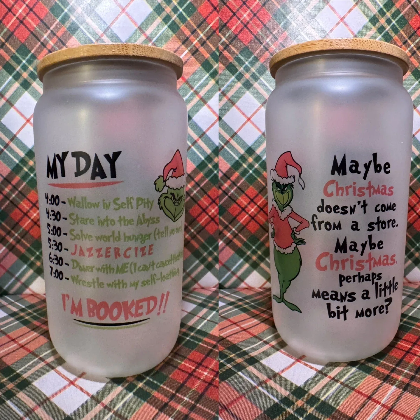 Grinch Themed Frosted Glass Can with Bamboo Lid