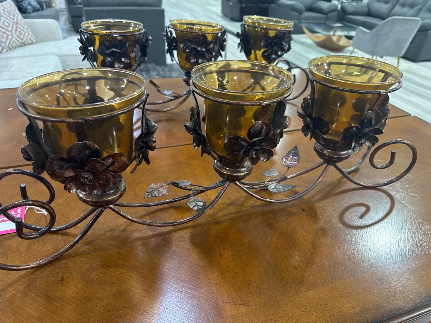 Amber Glass & Metal Floral Candle Holder