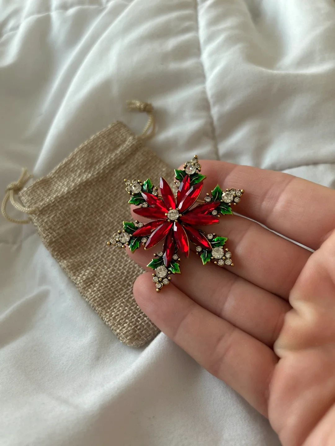 Red & Green Snowflake Brooch with Rhinestones image indicator(3)