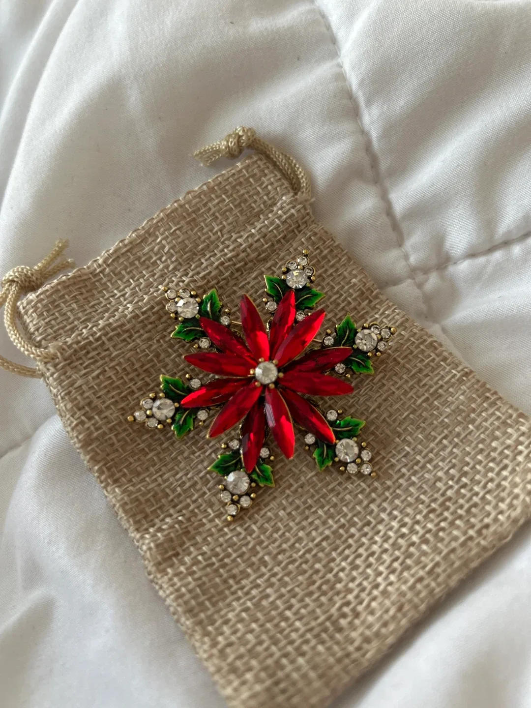 Red & Green Snowflake Brooch with Rhinestones