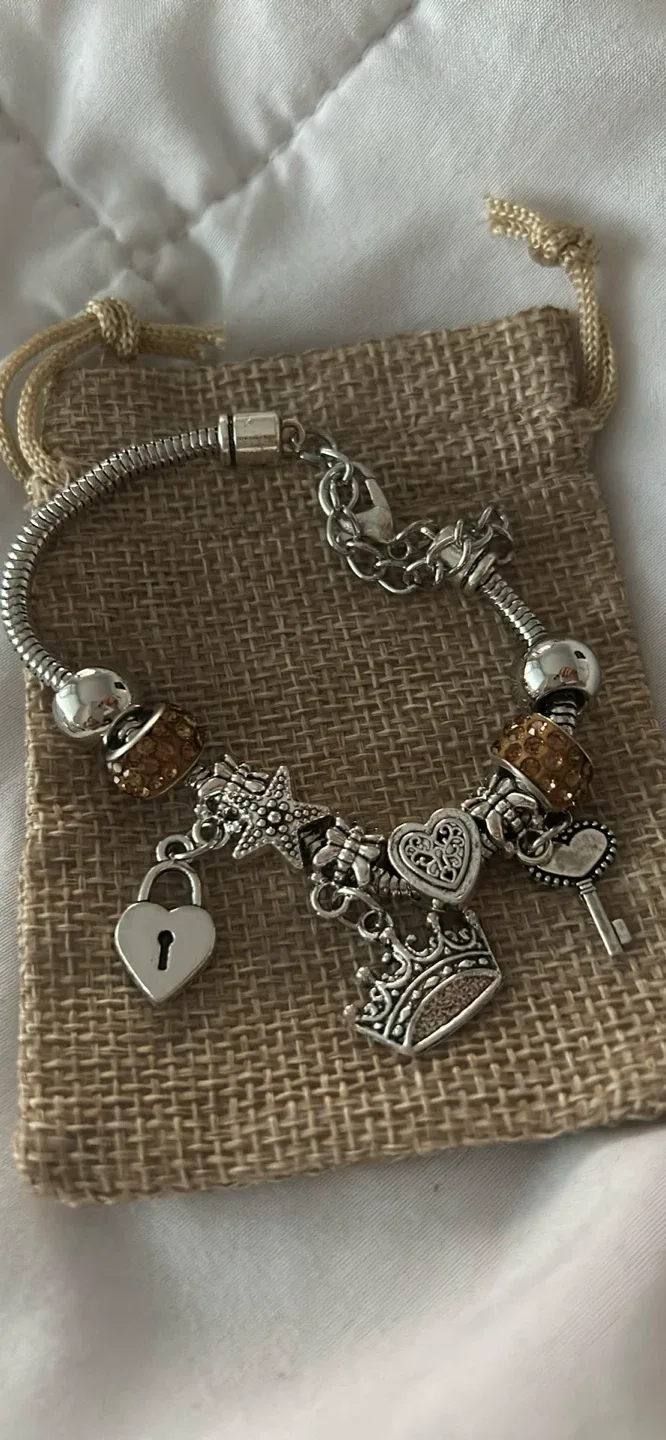 Charm Bracelet with Crown, Heart, and Key Charms