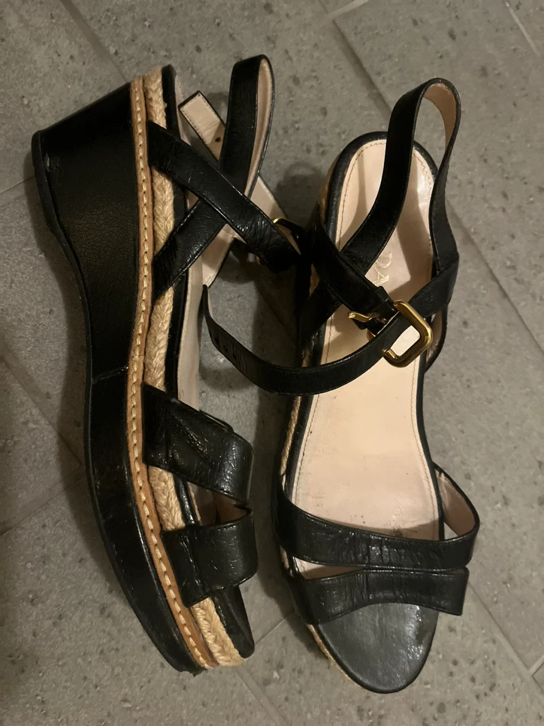Prada Black Leather Wedge Sandals