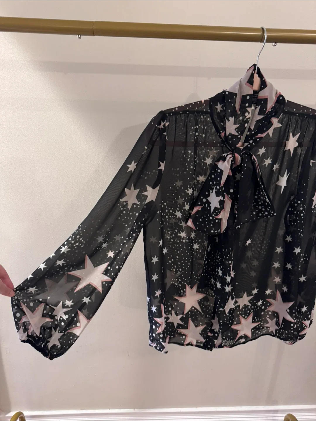 Eva Mendes for New York & Co Star Print Tie Neck Blouse - Black image indicator(3)