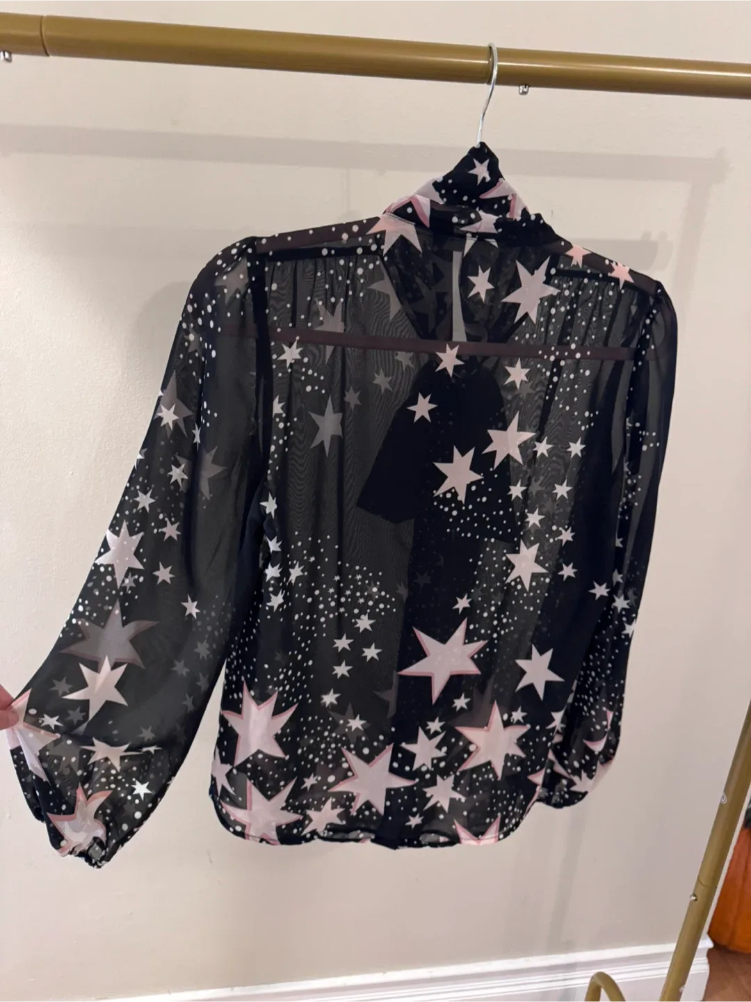 Eva Mendes for New York & Co Star Print Tie Neck Blouse - Black image indicator(5)