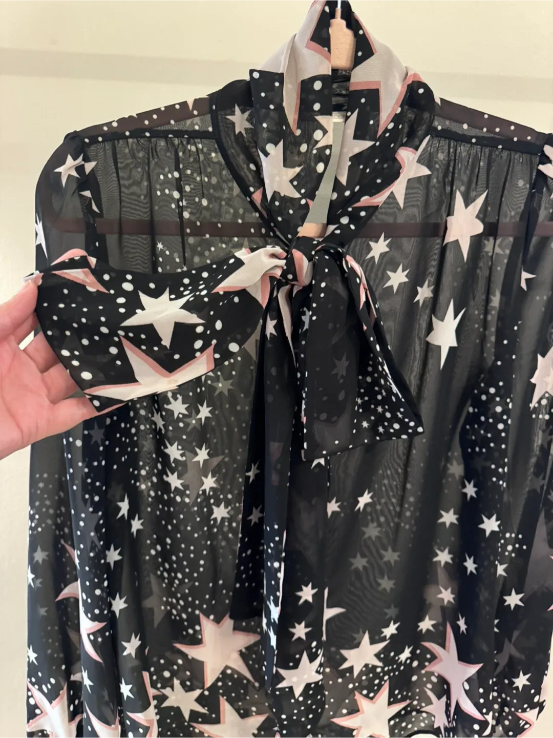 Eva Mendes for New York & Co Star Print Tie Neck Blouse - Black image indicator(2)