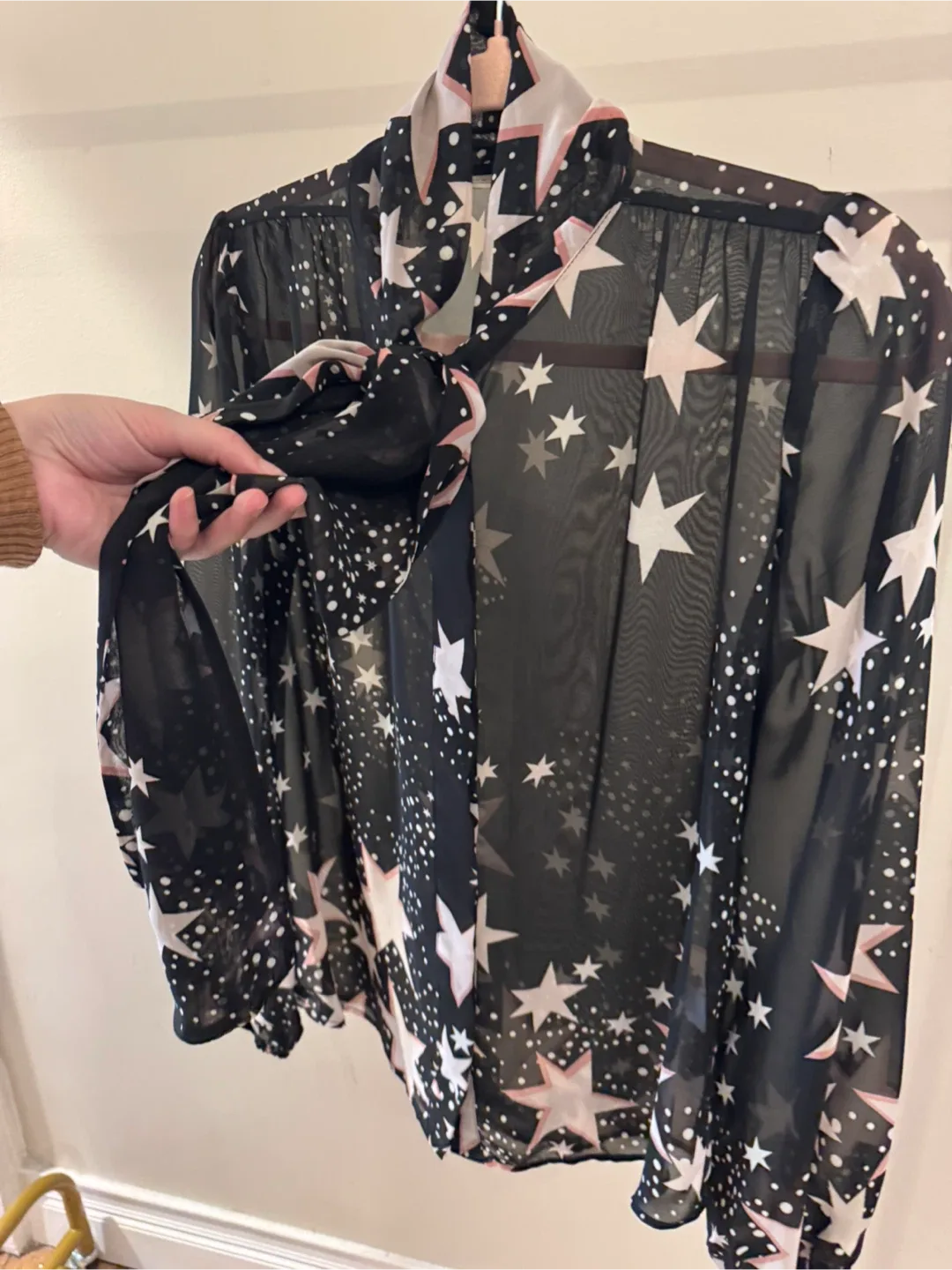 Eva Mendes for New York & Co Star Print Tie Neck Blouse - Black image indicator(4)