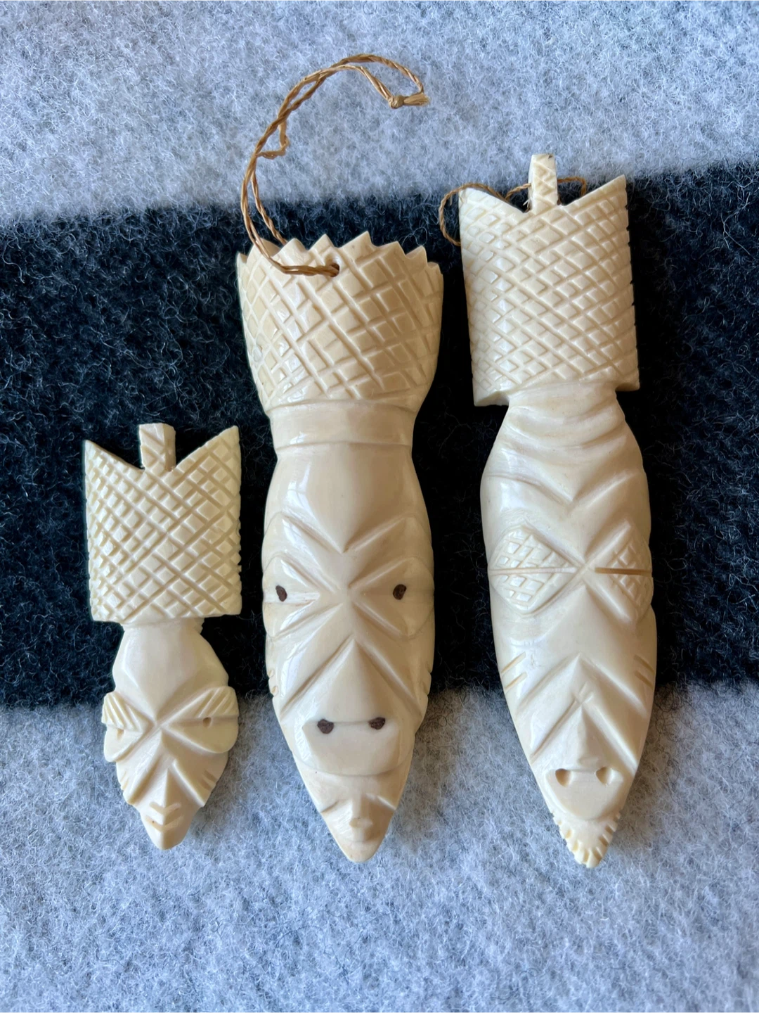 Vintage Hand Carved Bone Pendants - Set of 3