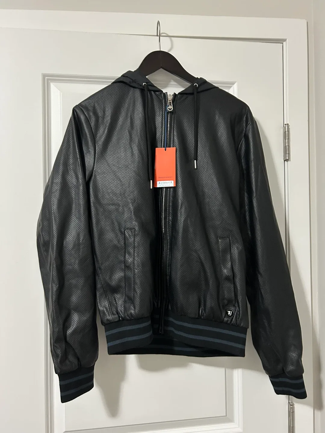 Trussardi Black Leather Jacket with Hood Size 48