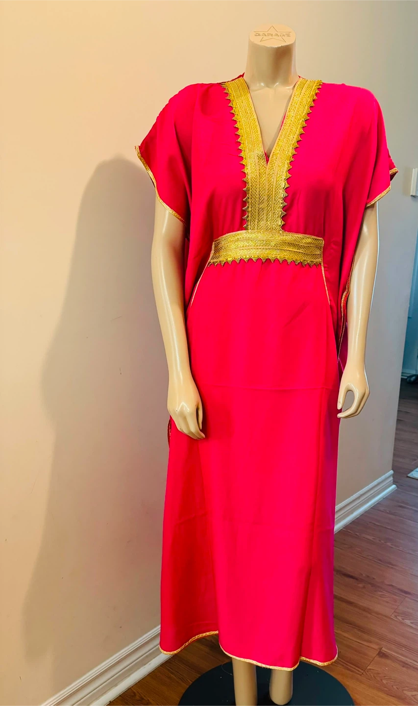Pink Kaftan Dress with Gold Embroidery