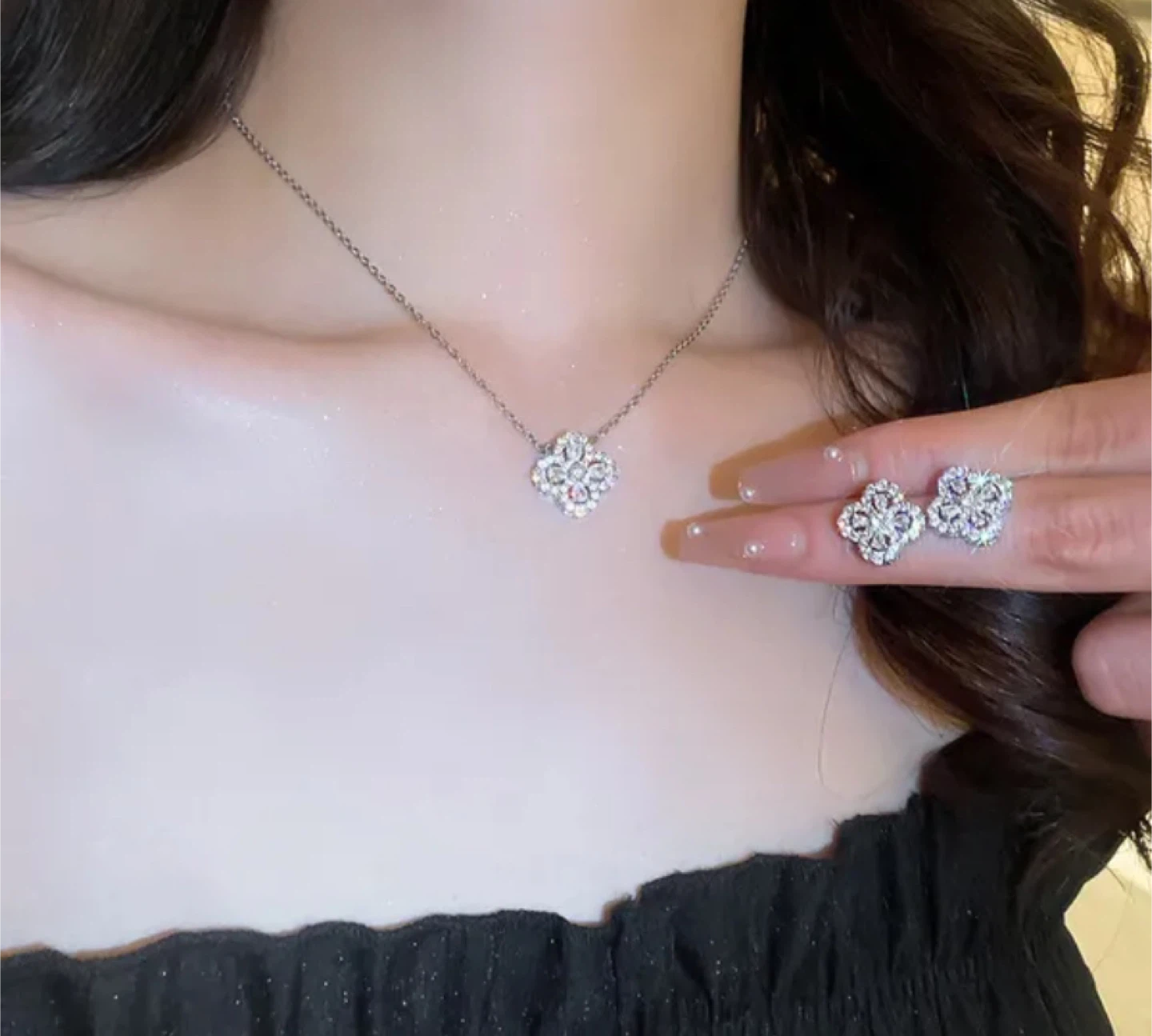 Clover Necklace & Earrings Set - Silver - photo 5