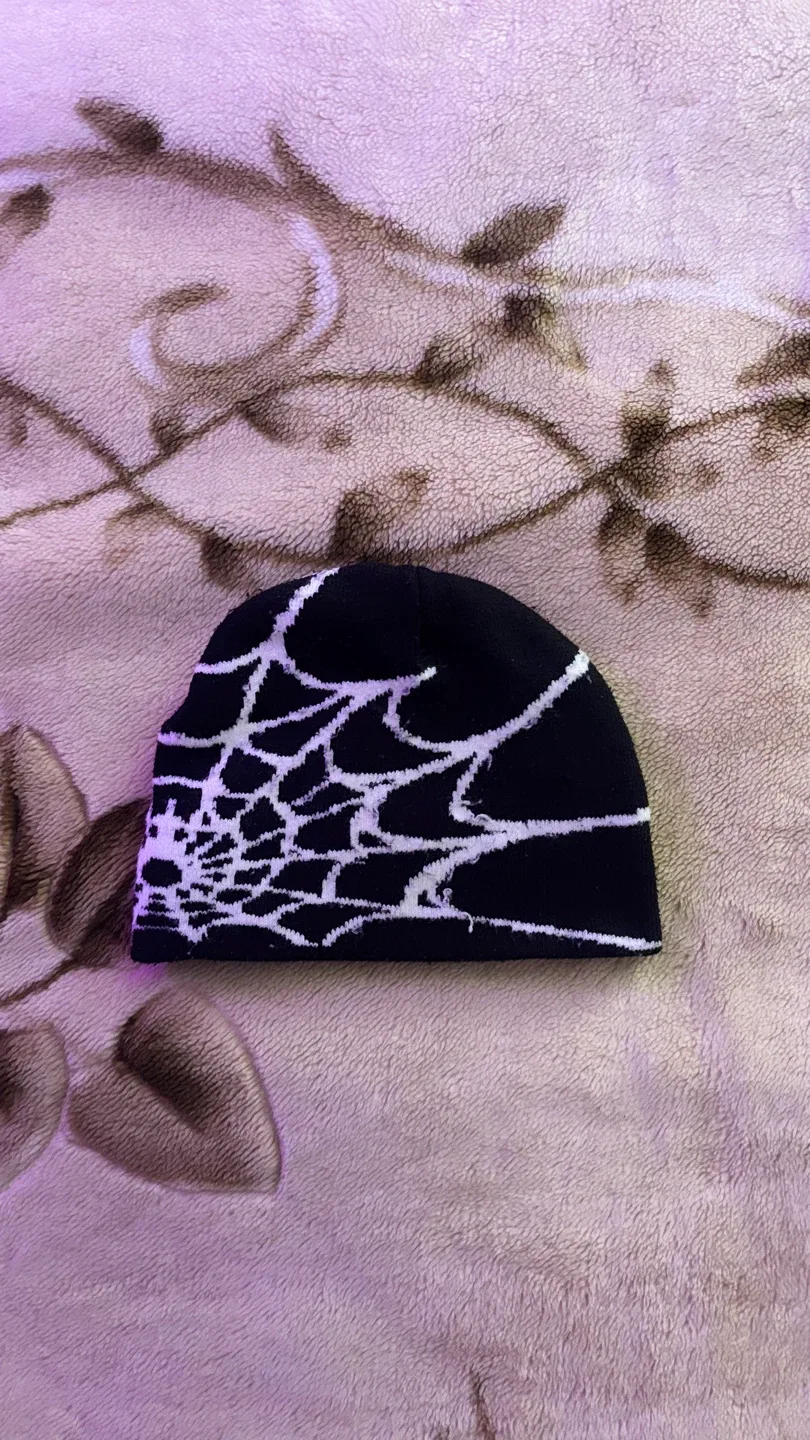 Black Beanie with White Spiderweb Design