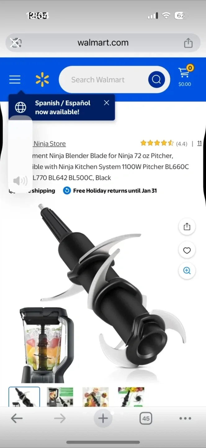 Ninja Professional 1500 Watts Blender lid, knife. For parts. image indicator(5)