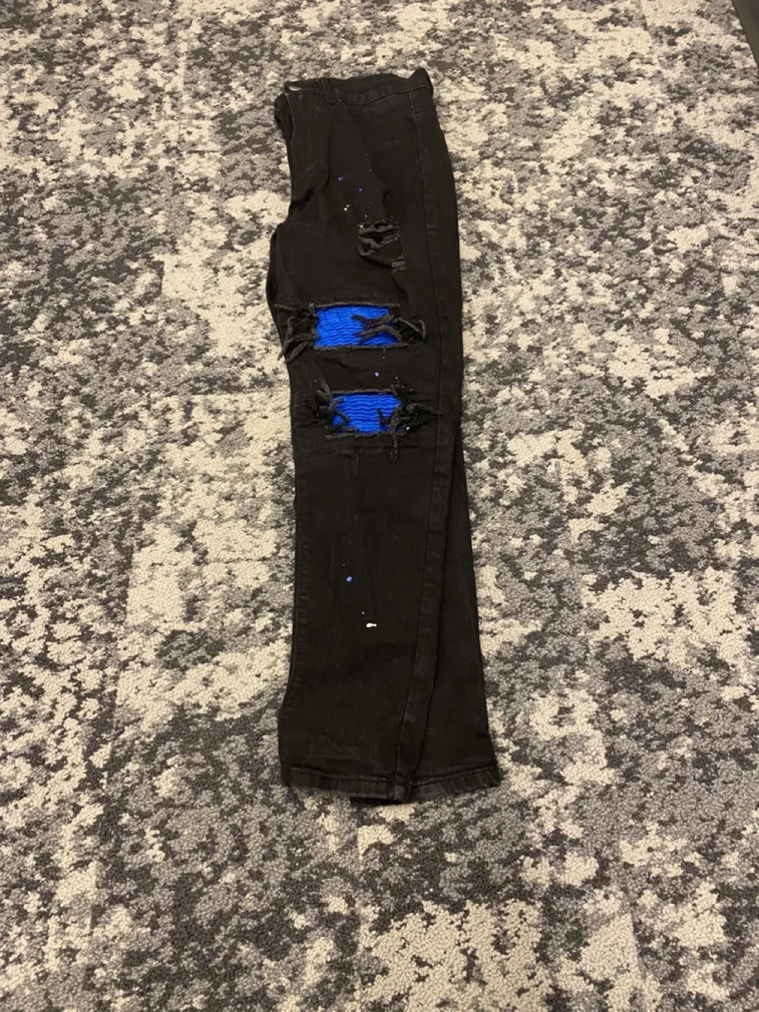 Black Ripped Jeans with Blue Patches image indicator(5)