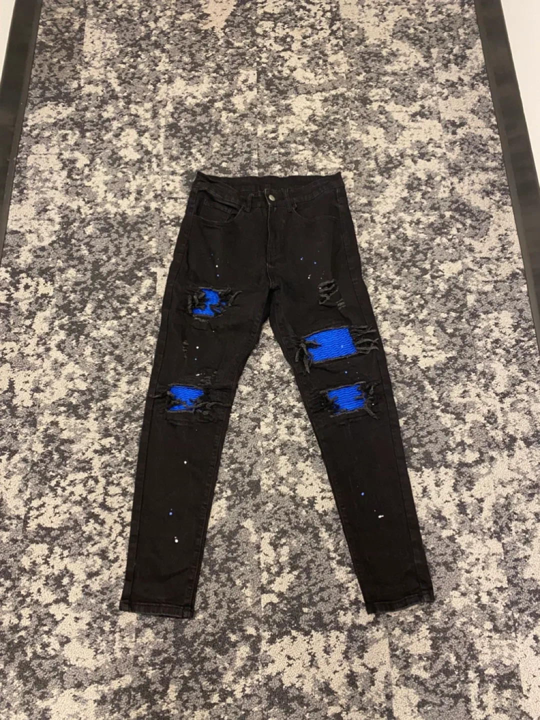 Black Ripped Jeans with Blue Patches