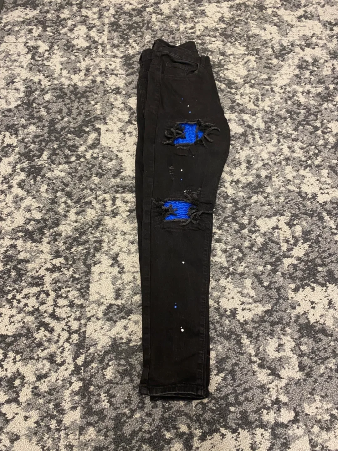 Black Ripped Jeans with Blue Patches image indicator(9)