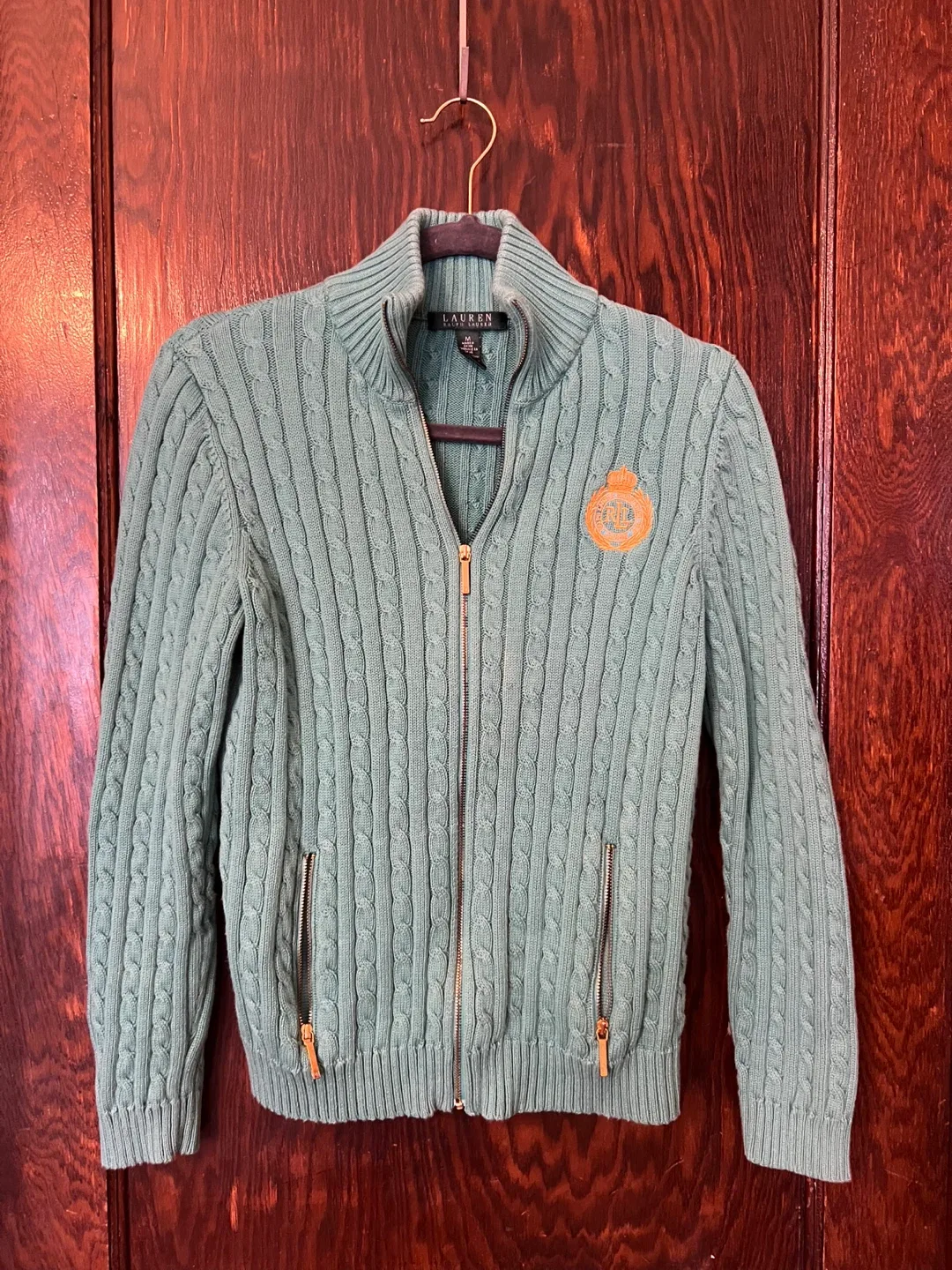 Ralph Lauren turquoise Cable Knit Zip Up Sweater - M