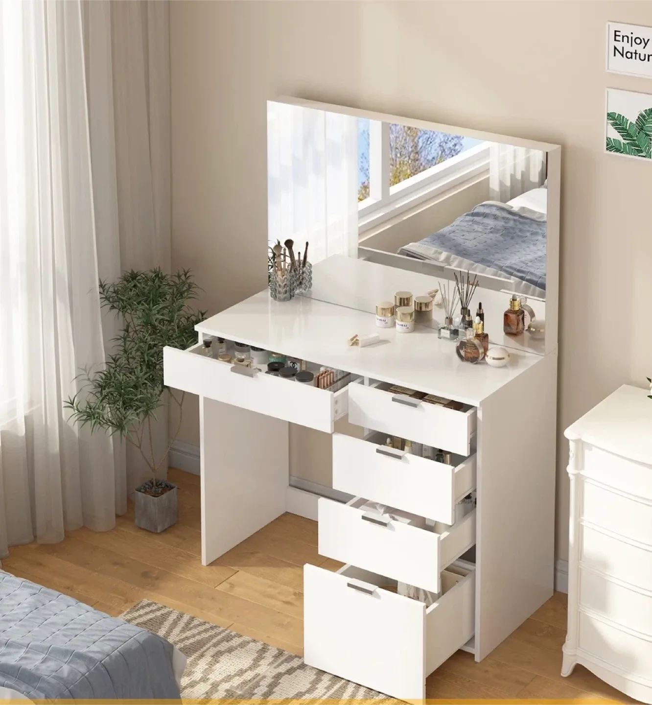 White Vanity Makeup Table with Mirror image indicator(3)