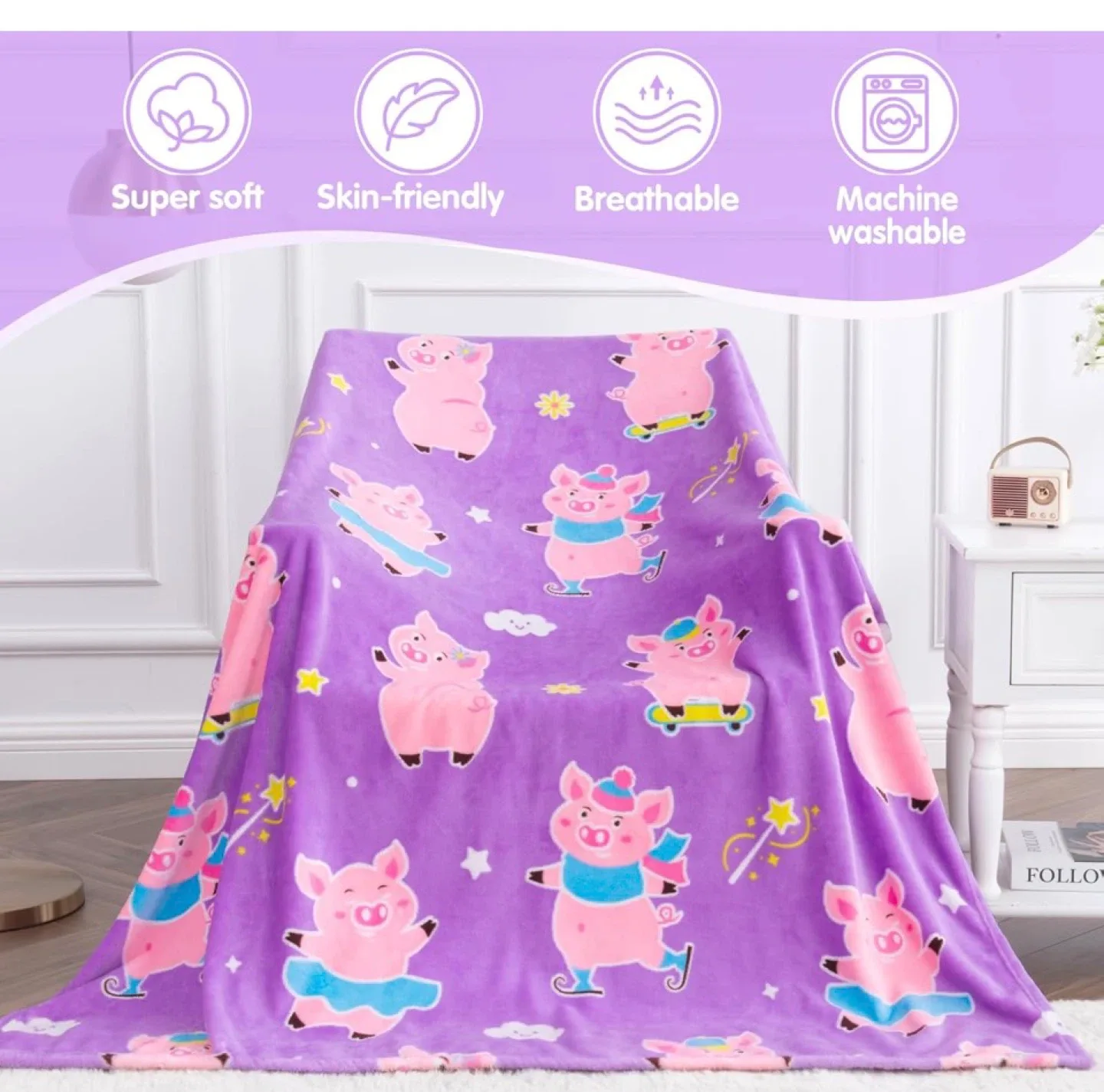 New Pink Pig Glow in the Dark Blanket - Kids image indicator(2)