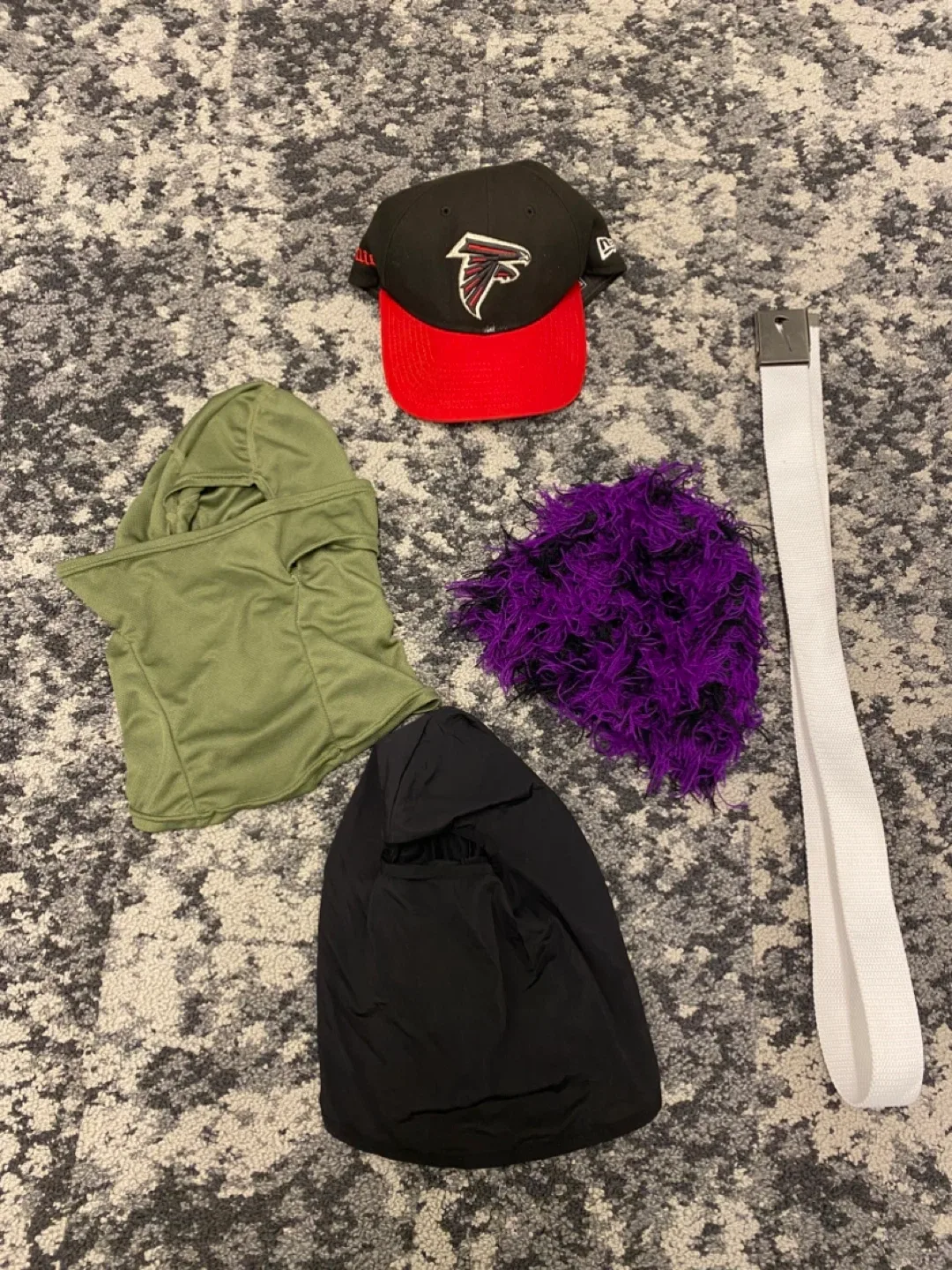 Purple ski mask falcons snap back white nike belt green ski mask