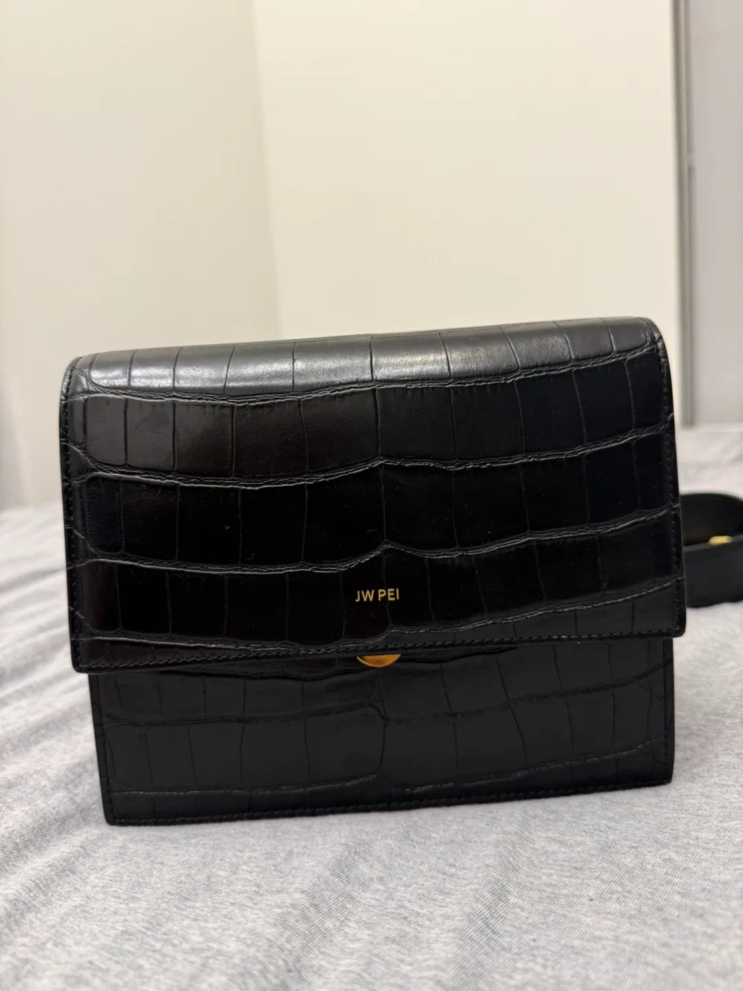 JW PEI Black Croc Embossed Shoulder Bag