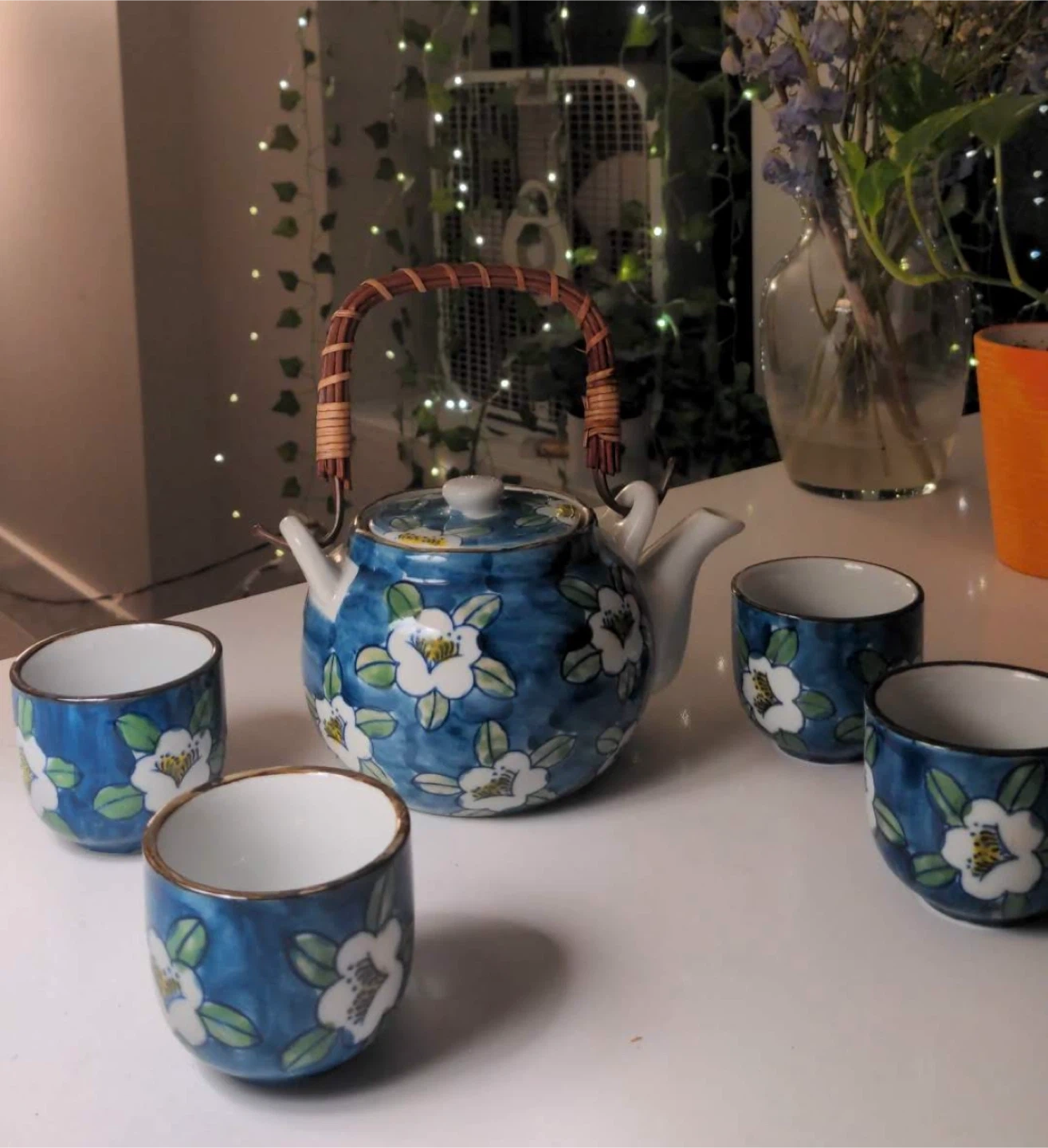 Blue Floral Tea Set with Teapot & Cups