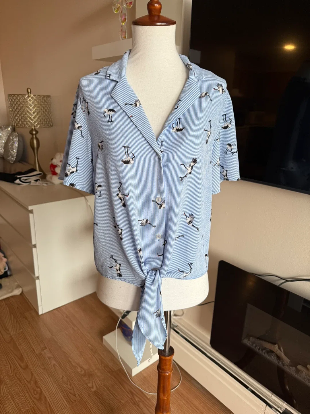 Monteau Blue Crane Print Top - Size M