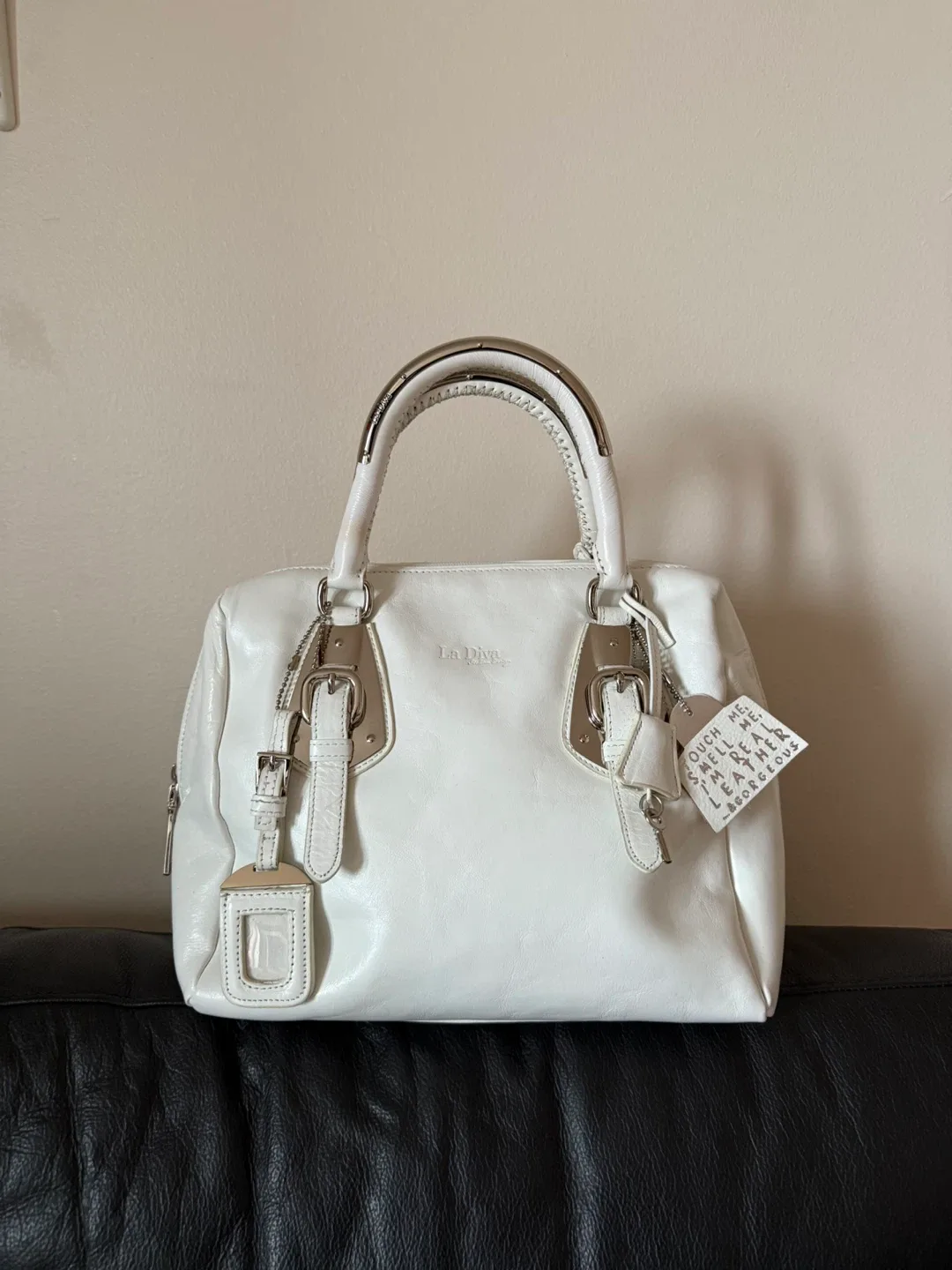 La Diva White Leather Handbag