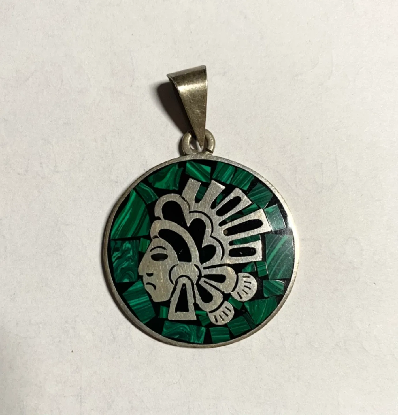 Vintage Sterling Silver & Malachite Mayan Pendant