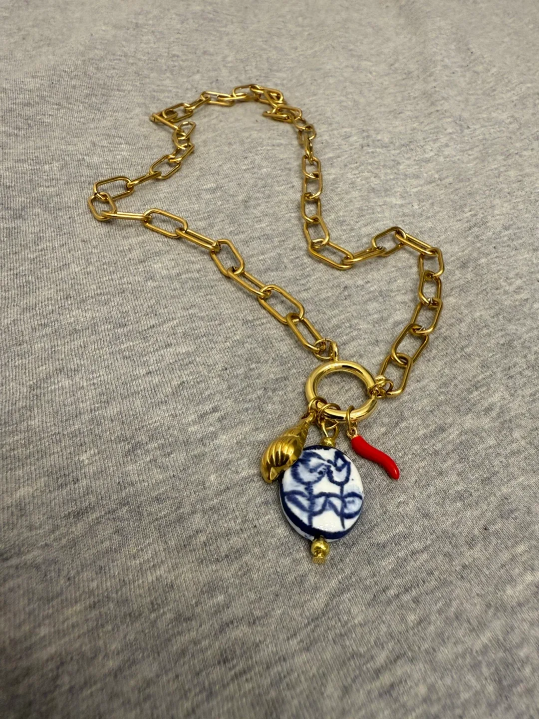 Gold Chain Necklace with Blue & White Charm