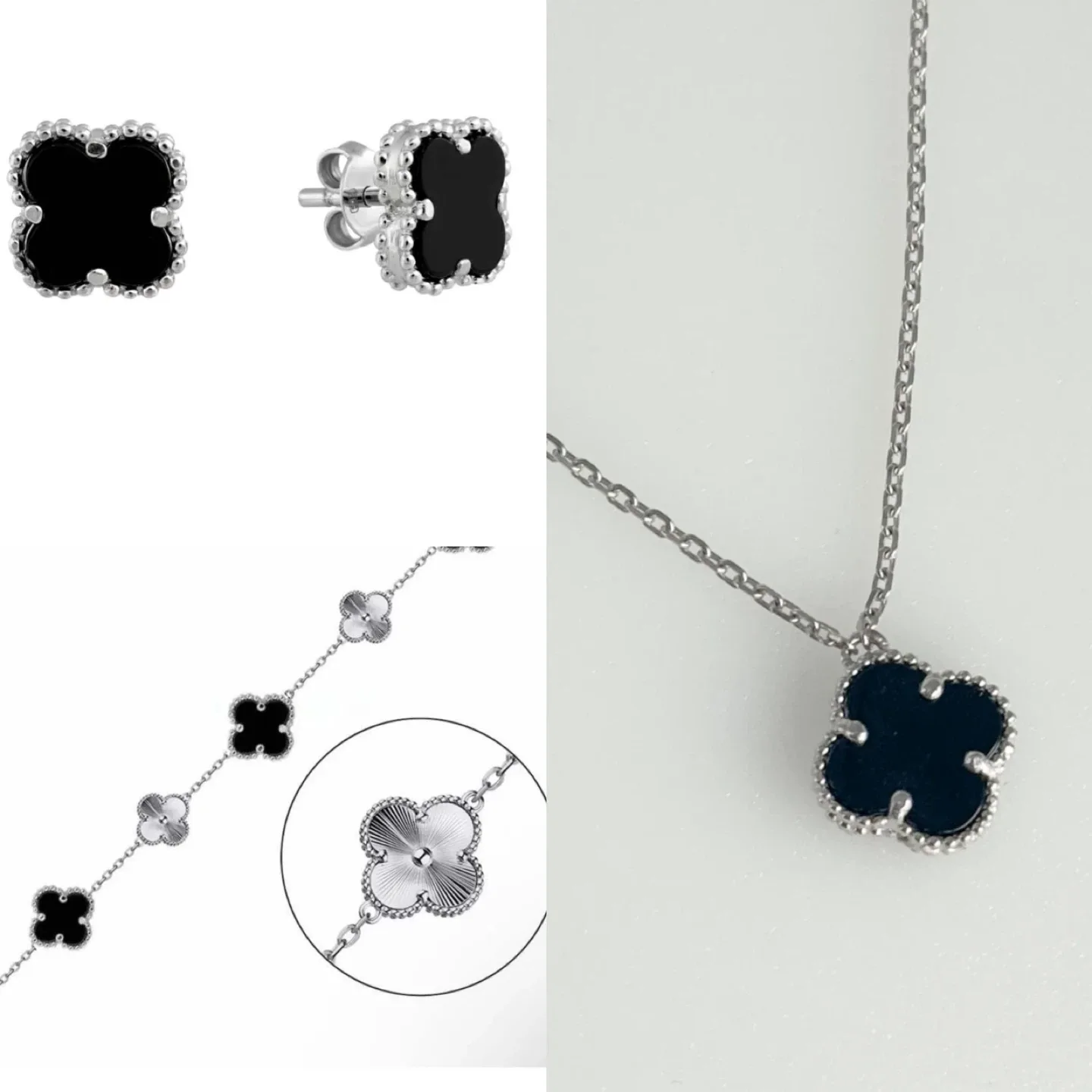 925 Sterling Silver set  "Clover" with Onyx
