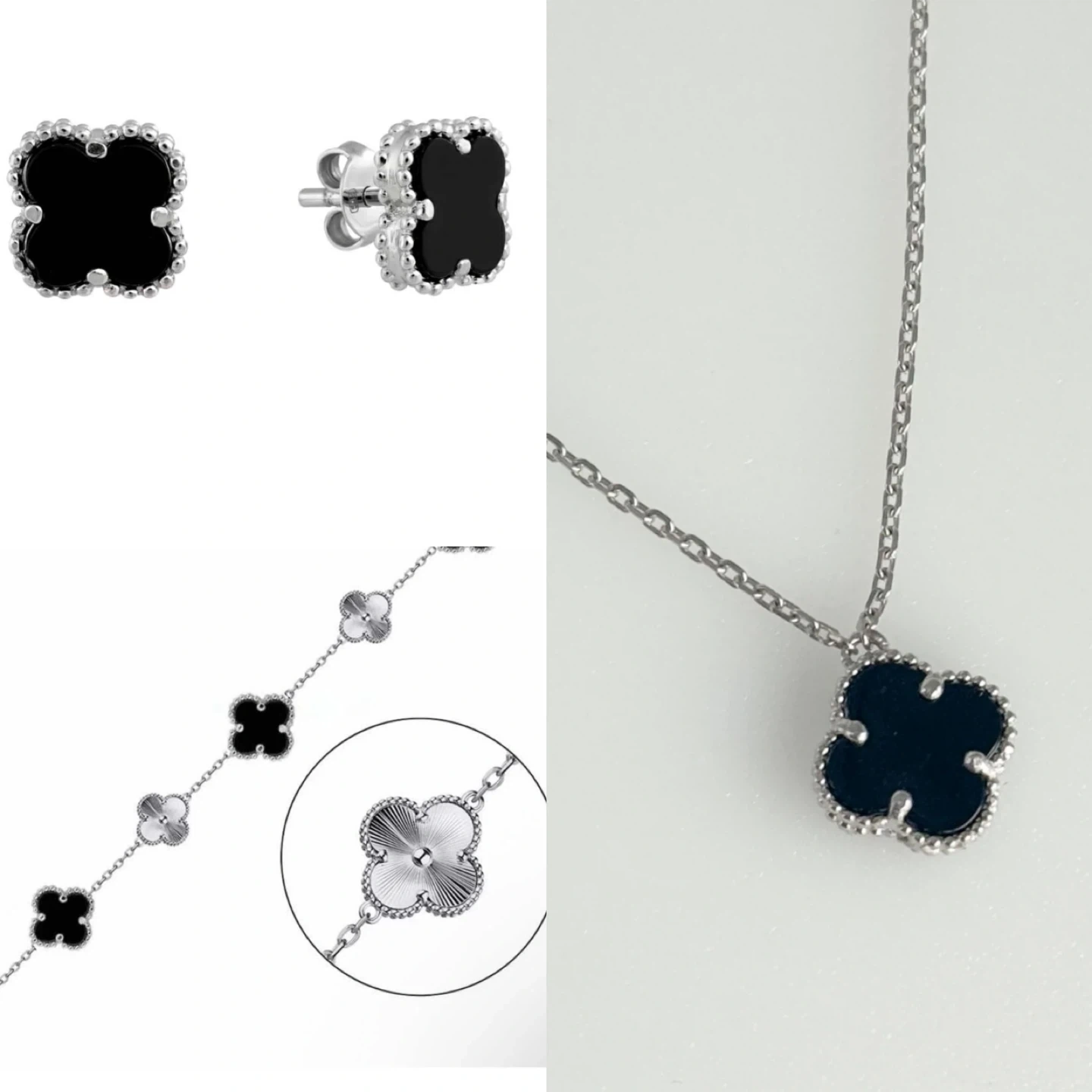 925 Sterling Silver set  "Clover" with Onyx