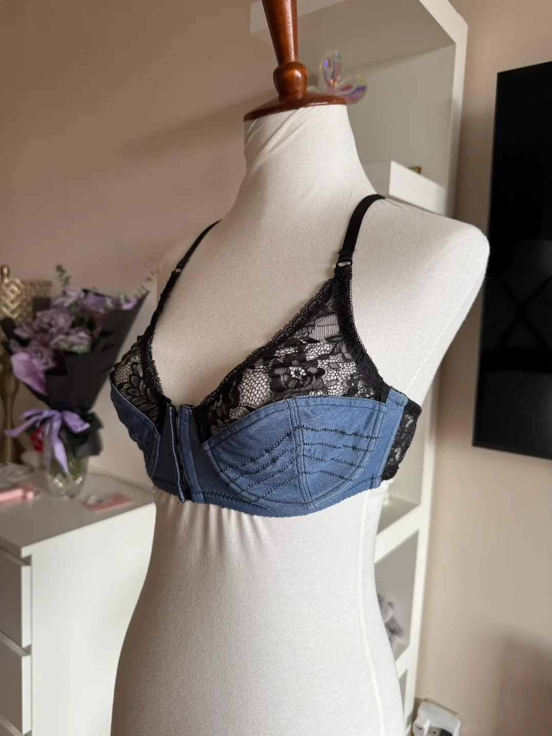 Bra - Black Lace & Denim Detail