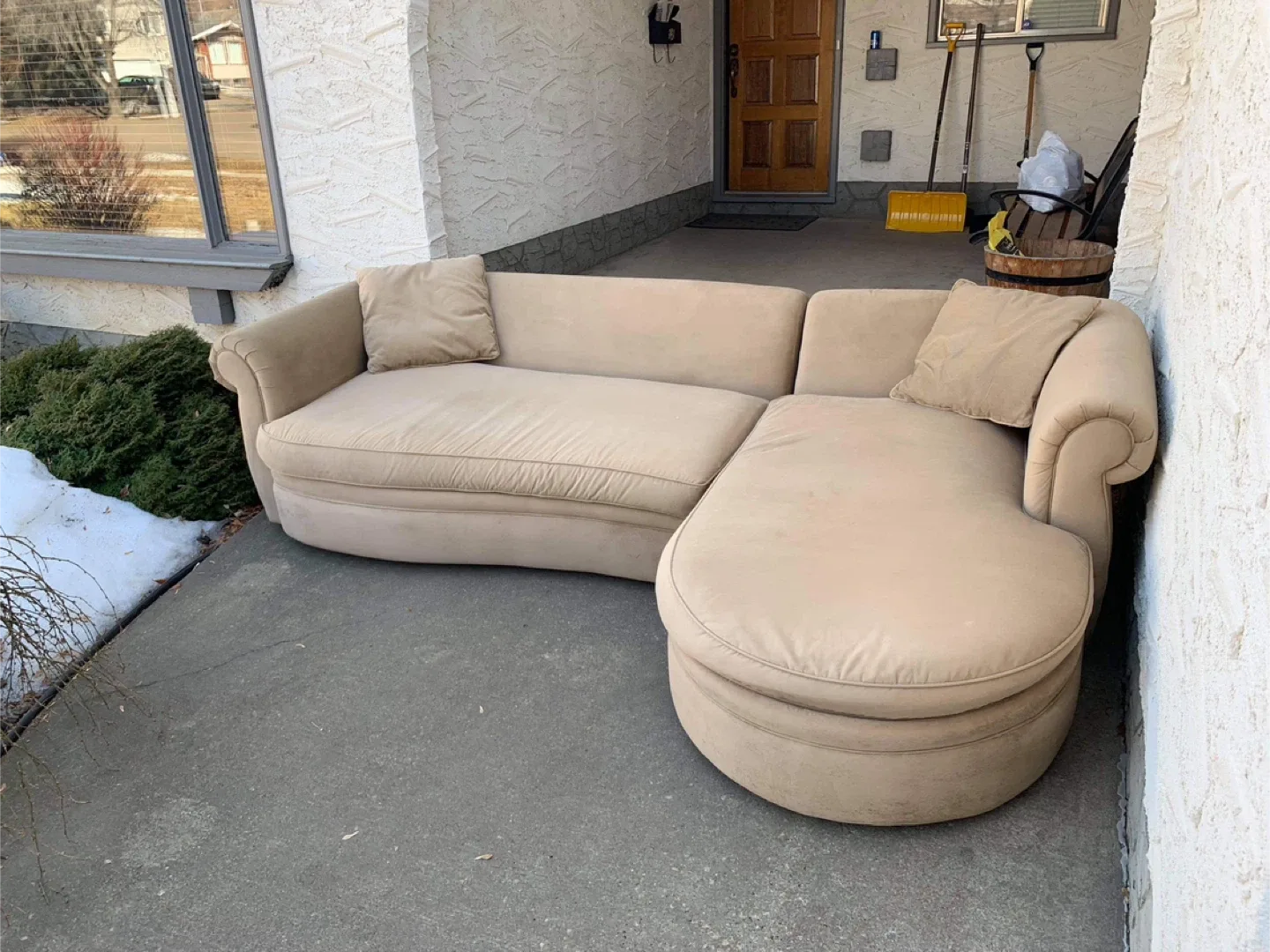 Cream coloured microsuede sectional couch