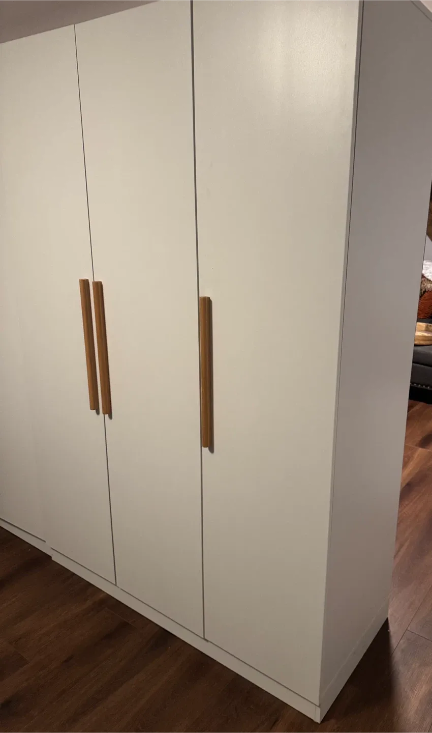 White Wardrobe Cabinet with Wooden Handles