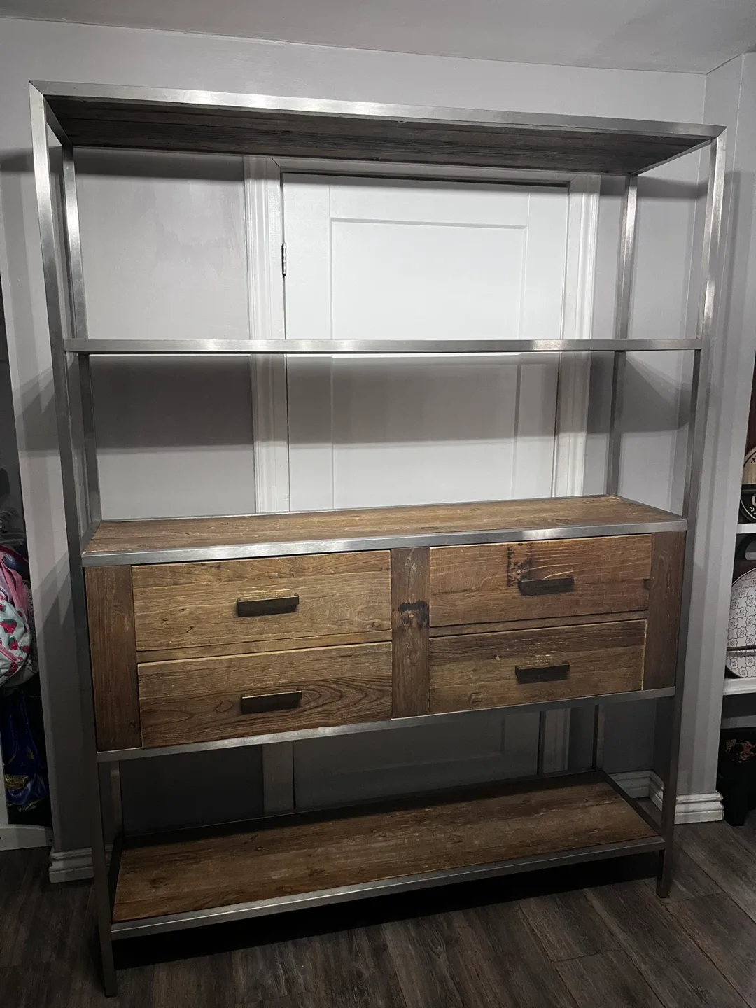 Wood and Metal Shelving Unit with Drawers