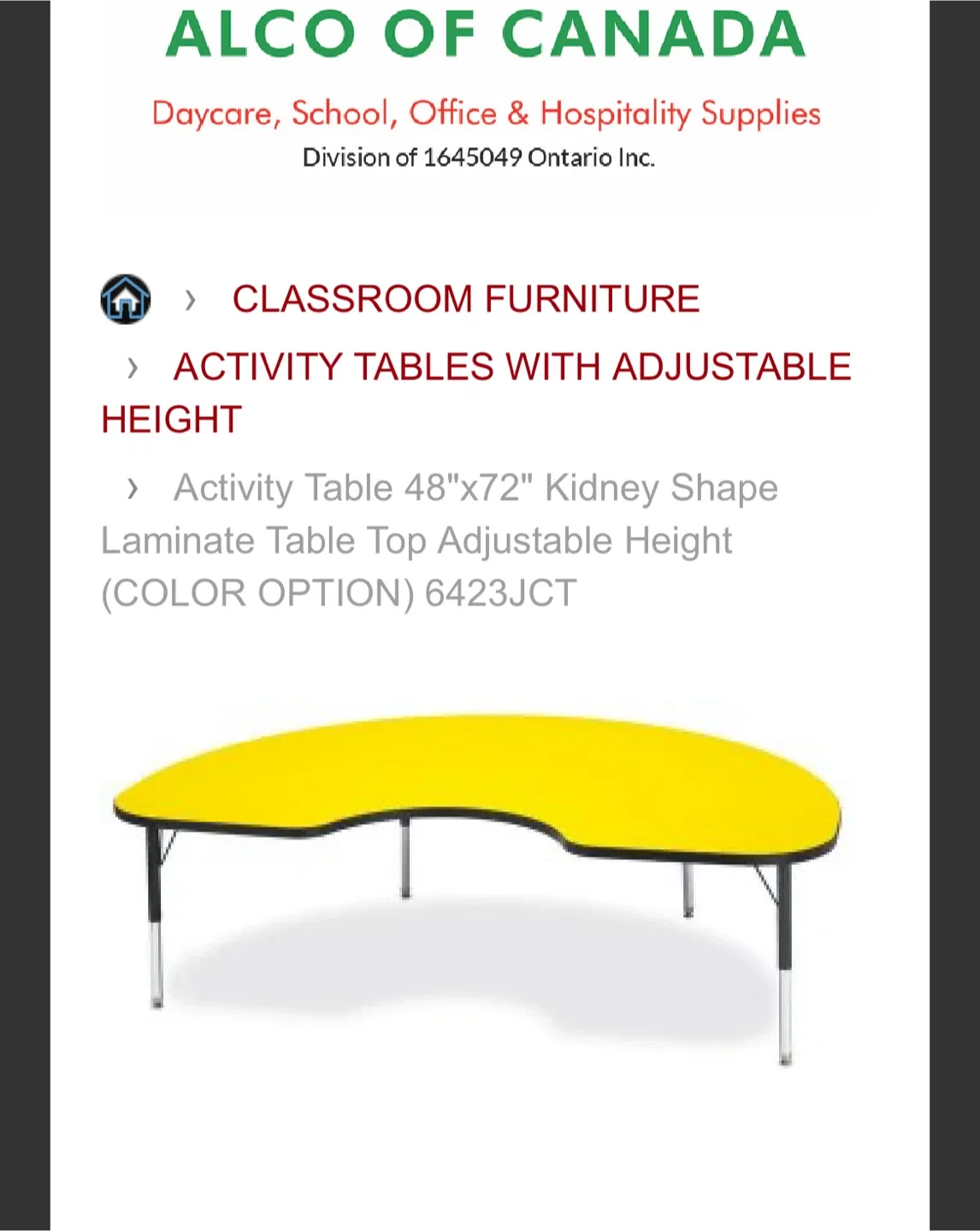 ALCO Yellow Kidney Shaped Activity Table