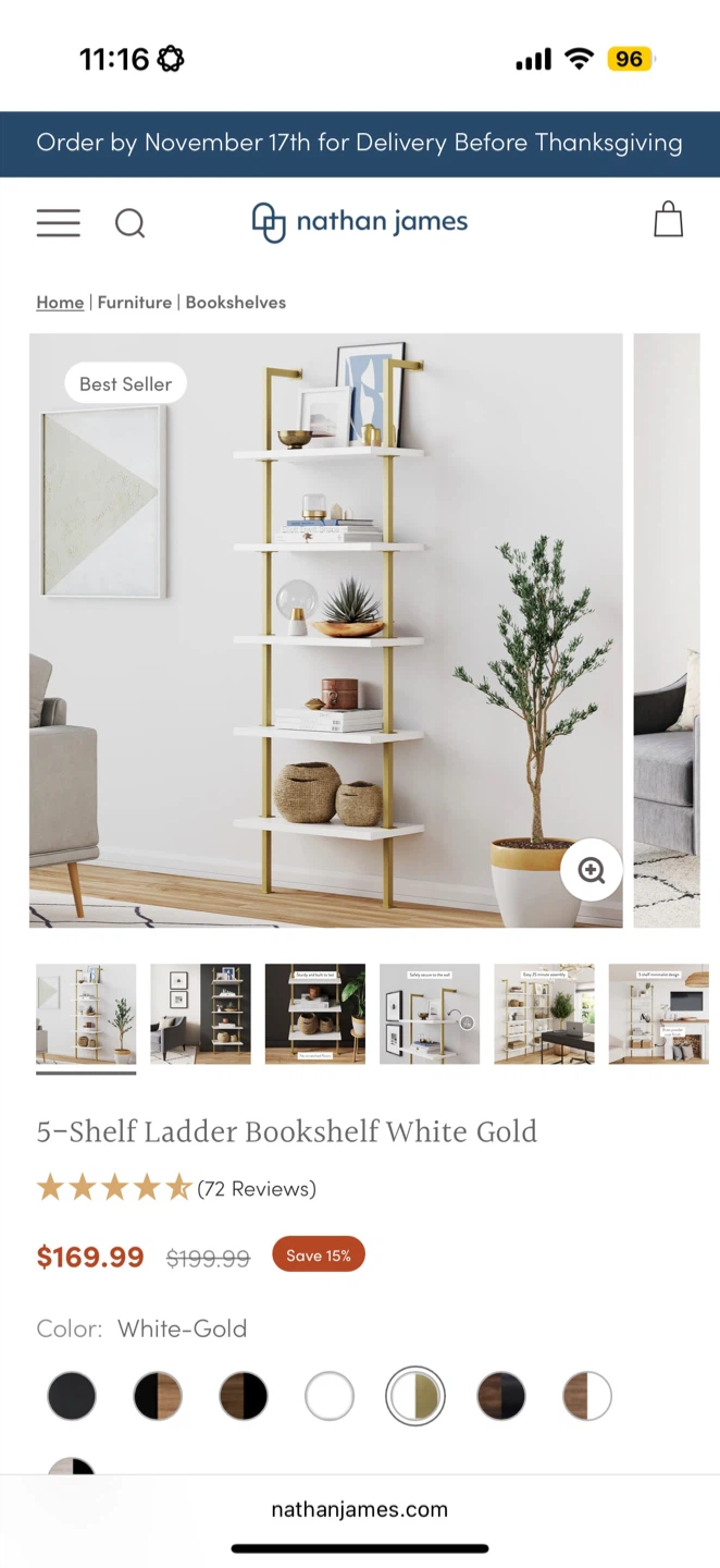 Nathan James 5-Shelf Ladder Bookshelf - White & Gold