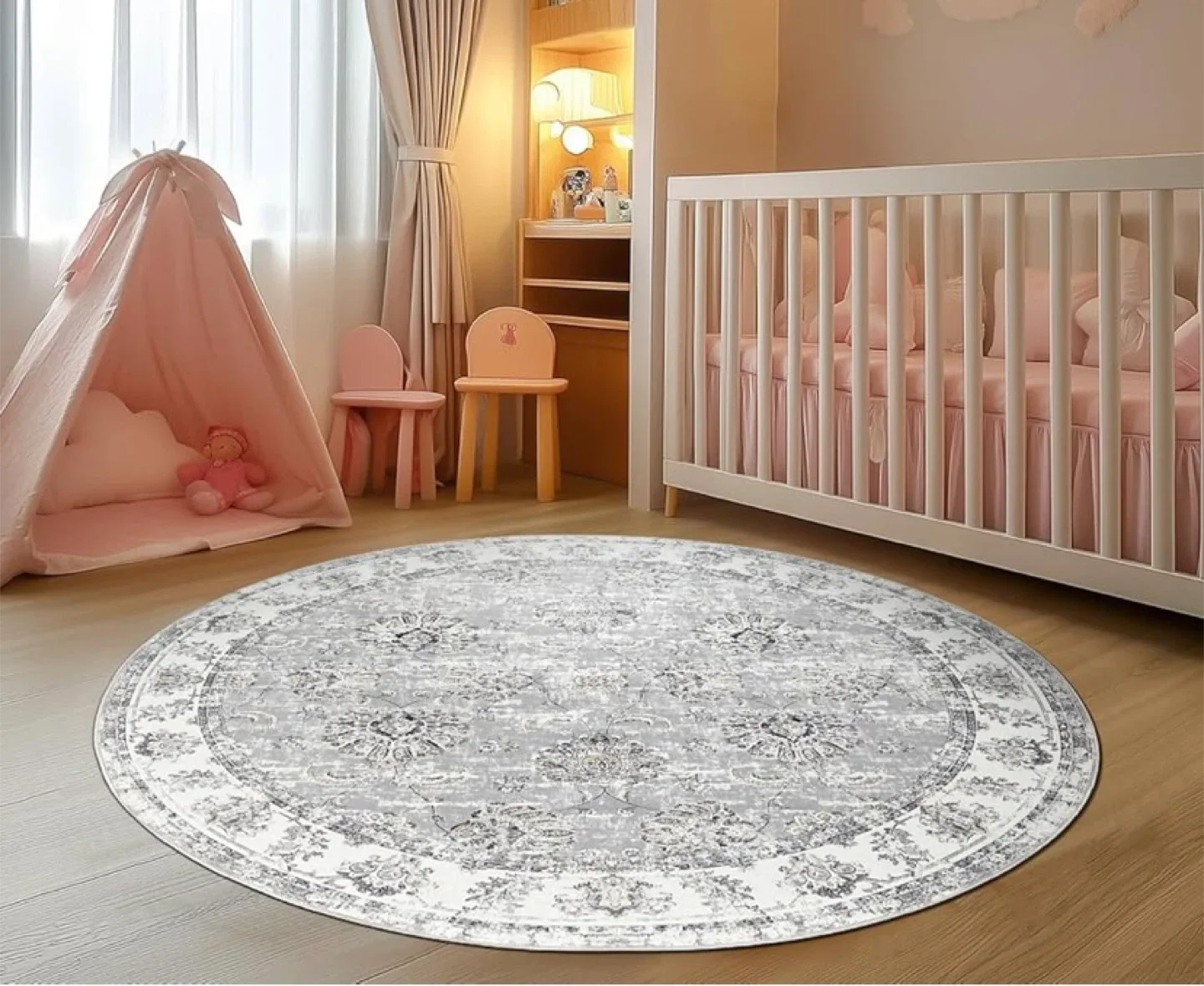 New 5’ Round Area Rug Washable Distressed Grey image indicator(2)