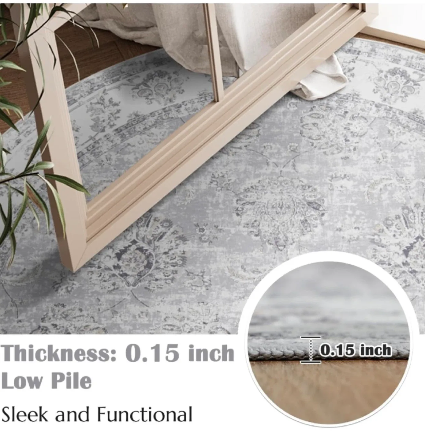 New 5’ Round Area Rug Washable Distressed Grey image indicator(4)