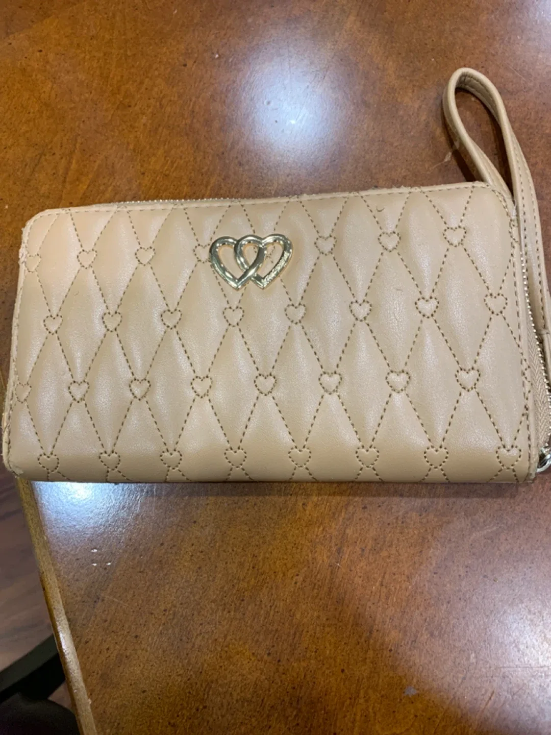 Tan Quilted Wallet with Heart Detail
