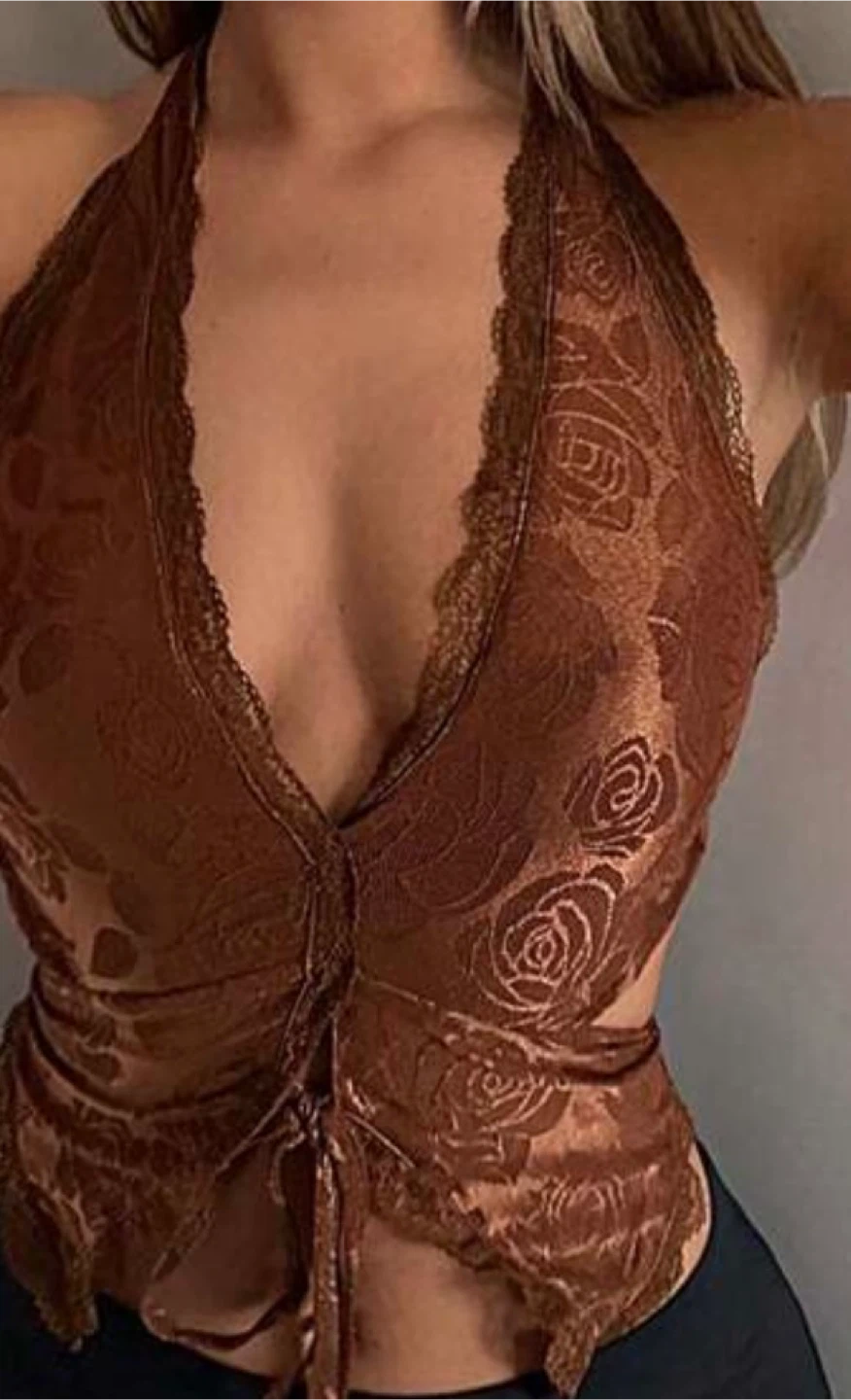Brown Floral Lace Halter Top