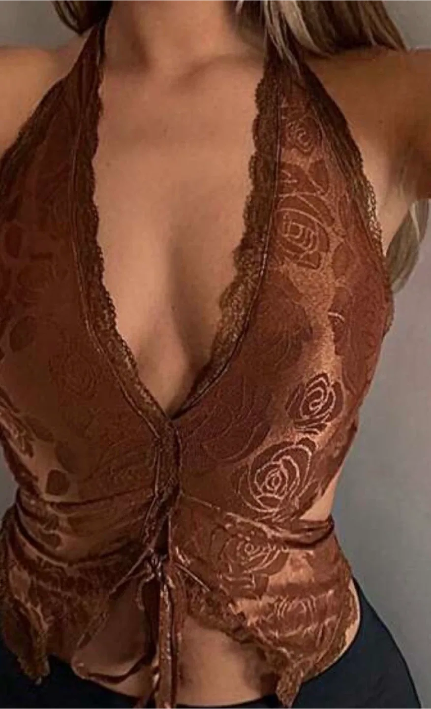 Brown Floral Lace Halter Top