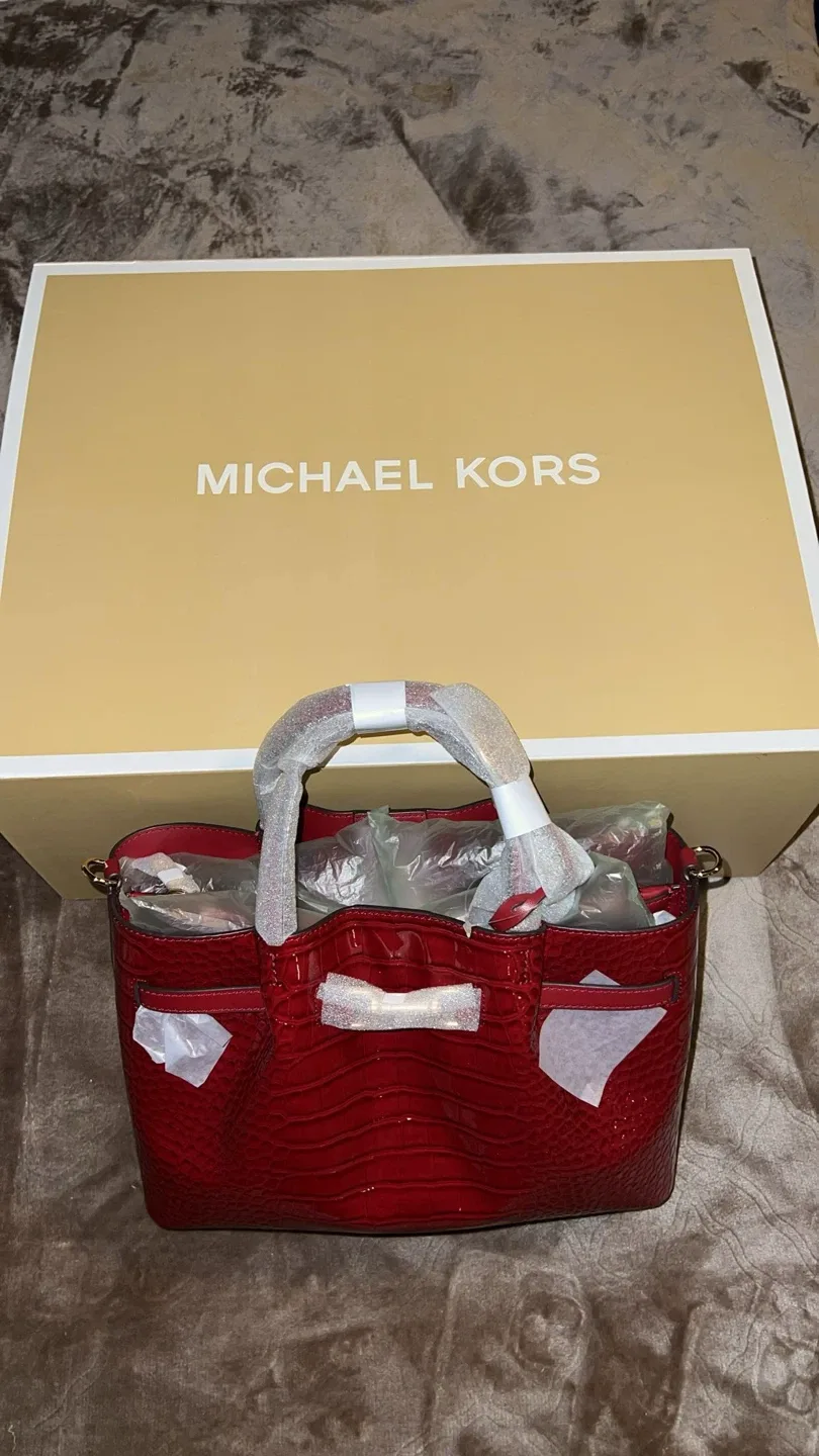 New Michael Kors Red Croc Embossed Leather Tote