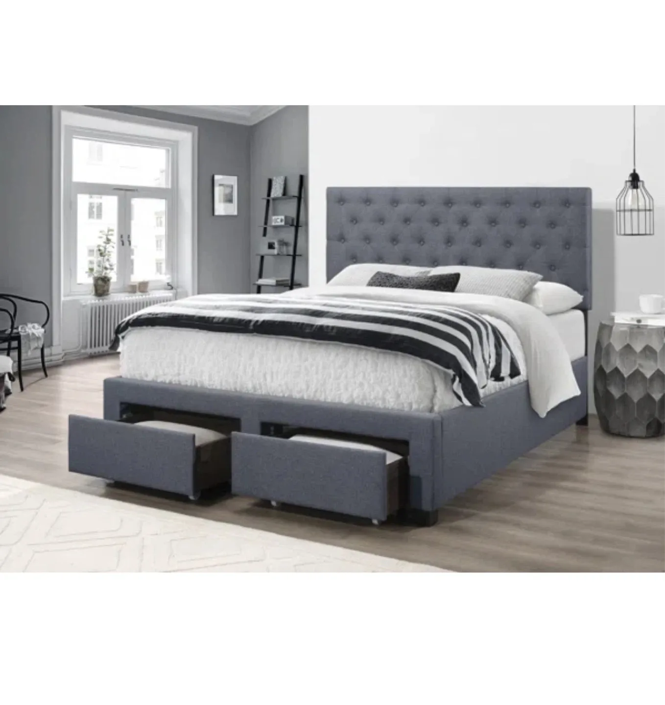 Grey Upholstered Platform Bed with Drawers