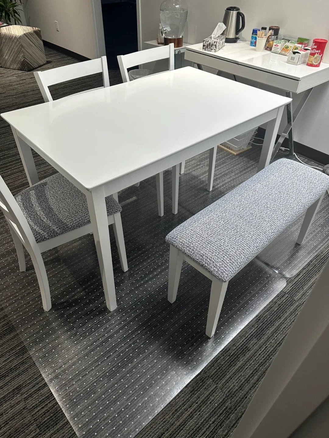 White Dining Table with 4 Chairs and Bench