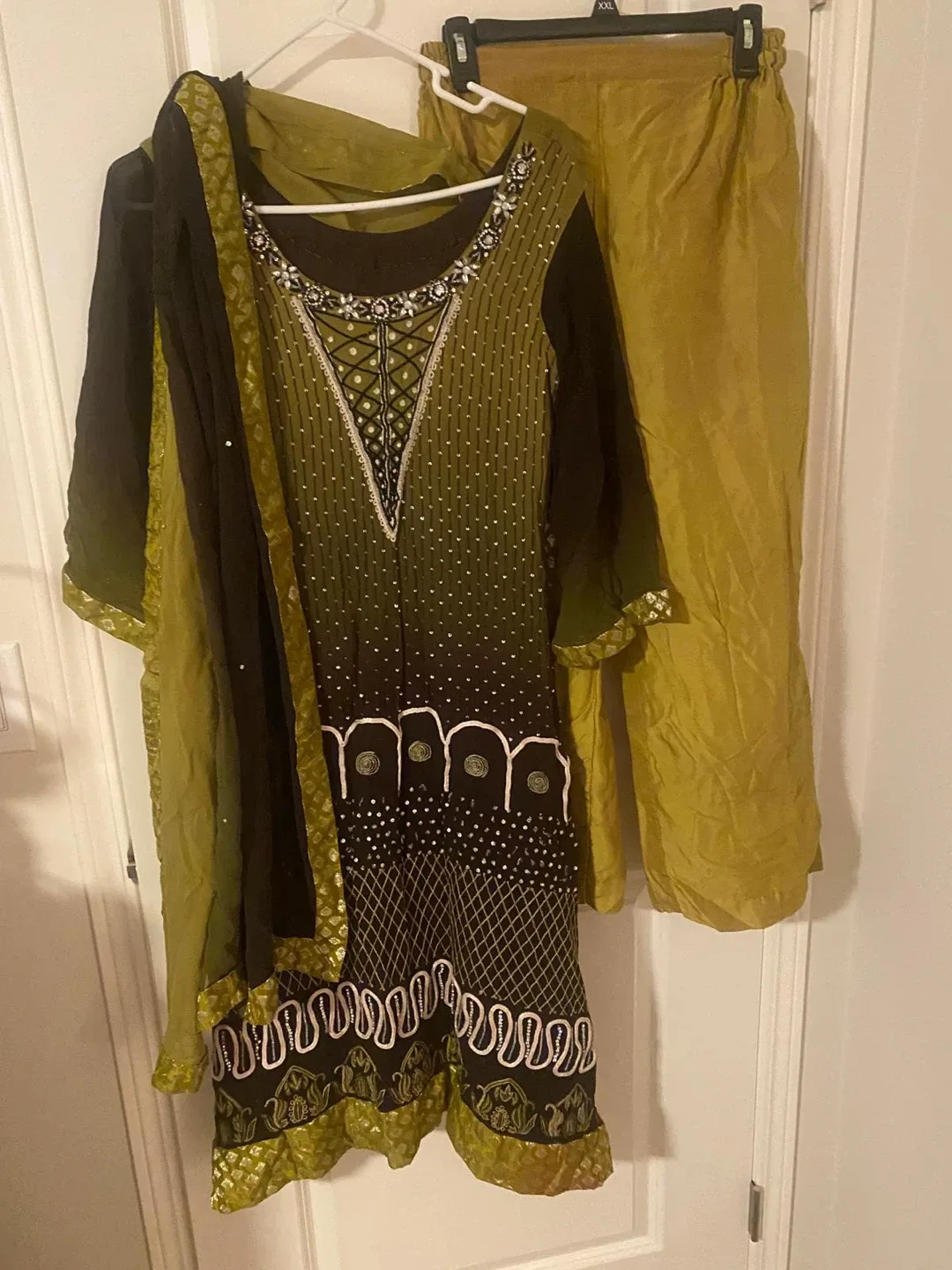 Olive Green & Black Salwar Kameez Suit - XXL