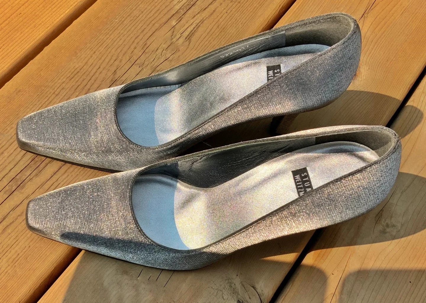 BRAND NEW STUART WEITZMAN size 7 silver/grey silk classic heels image indicator(4)