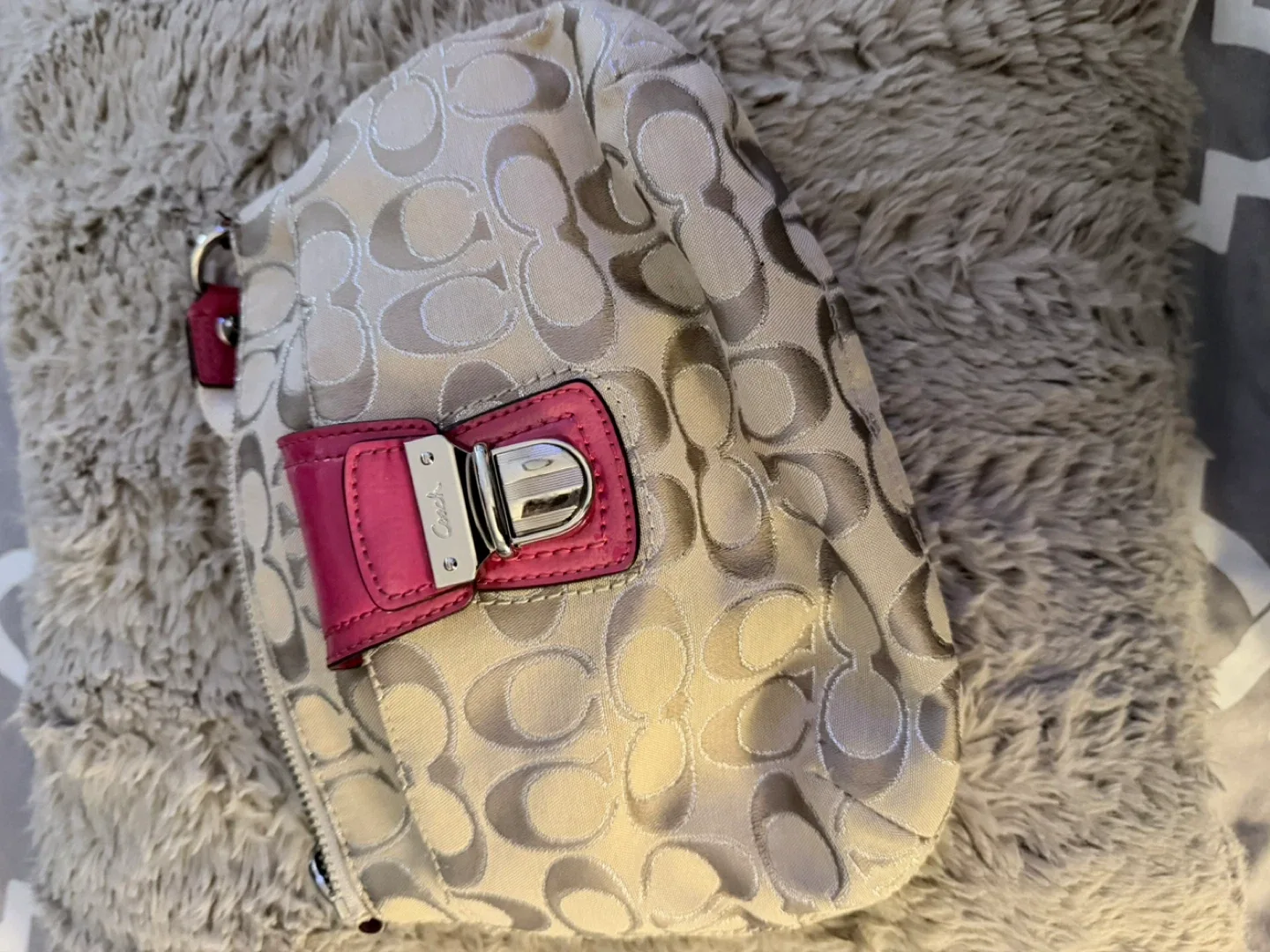 Coach Signature Canvas Pink Leather Trim Shoulder Bag