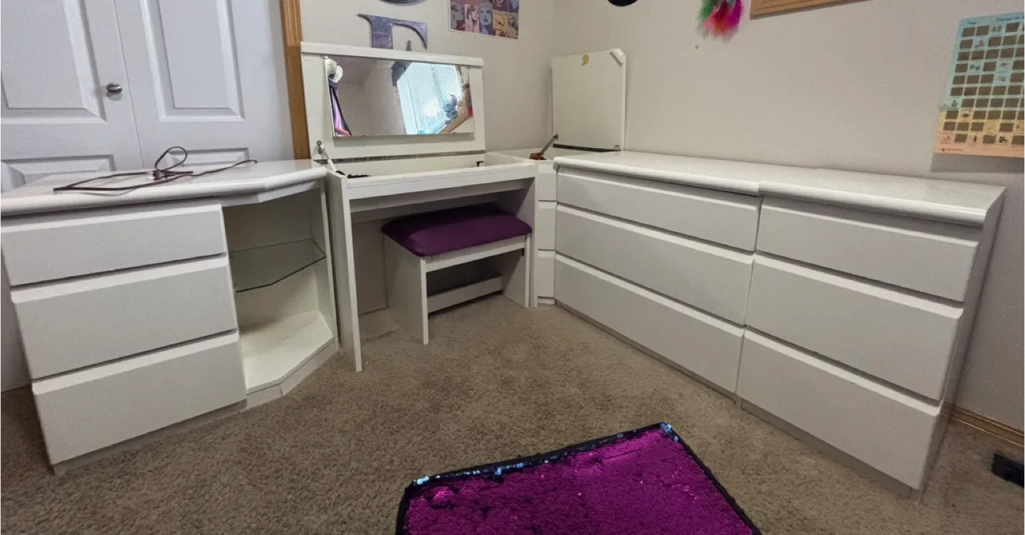 White Vanity Desk with Drawers and Stool